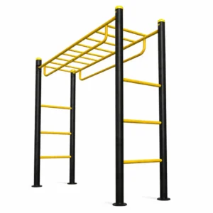 Black and yellow Kids Climbing Frame with overhead monkey bars, side ladders, and four metal support posts.