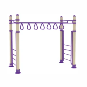 Large outdoor climbing frame for kids with side ladders, hanging rings, and metal support posts.