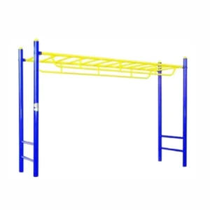 Blue and yellow outdoor monkey bar climbing frame with side ladders and metal overhead bars for kids playgrounds.