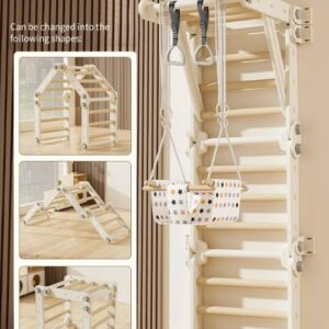 Climbing Frame with Balance Rings & Swing – Light Brown & Orange
