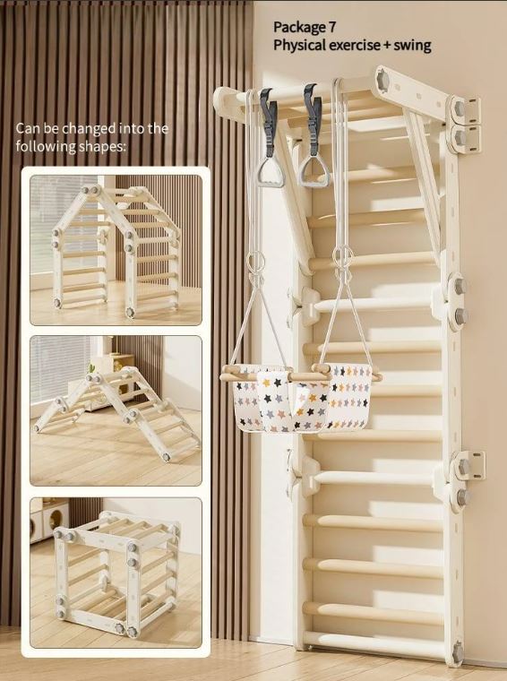 Climbing Frame with Balance Rings & Swing – Light Brown & Orange