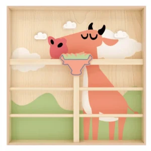 Wall Climbing Board – Guardrail Design with giraffe artwork, wooden guardrail bars, clouds, and green hills for kids’ indoor climbing play.
