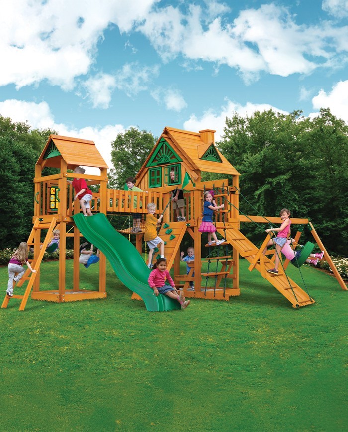 Cimmaron Wooden Playset – Slide, Covered Play Tower & Swings