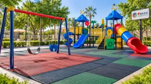 Colorful EPDM rubber flooring tiles in red, green and black under a swing set and play structure with slides.
