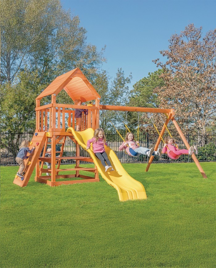 Kayan Wooden Playset – Slide, Climbing Wall & Covered Play Tower