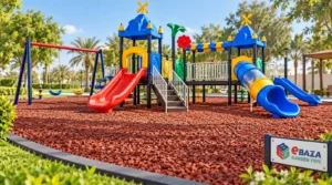 Children’s playground with swings and slides on red rubber mulch flooring surrounded by palm trees.