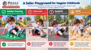 Child falling on four playground surfaces: rubber flooring absorbs the impact, while concrete, asphalt and sand offer little to limited protection.