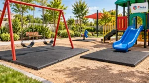 Black rubber playground mats under a red swing set, spring rider and blue slide on gravel ground.