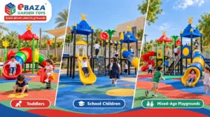 Children playing on colorful seamless rubber flooring in toddler, school-age and mixed-age playgrounds.