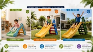 Home slides for children by age featuring toddler, preschool, and large slides for older kids.