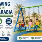 Kids' swing prices in Saudi Arabia comparing iron, plastic, and home swing types for gardens, villas, schools, and parks