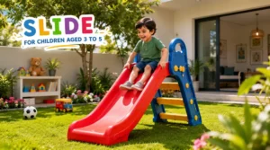 Child aged 3–5 years playing on a medium-sized plastic slide in a home garden.