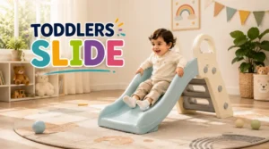 Toddler enjoying a small plastic slide in a home playroom designed for children aged 1–2 years.