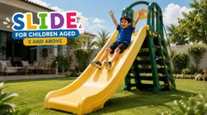 Child aged 5 years and above using a large outdoor playground slide in a home garden.