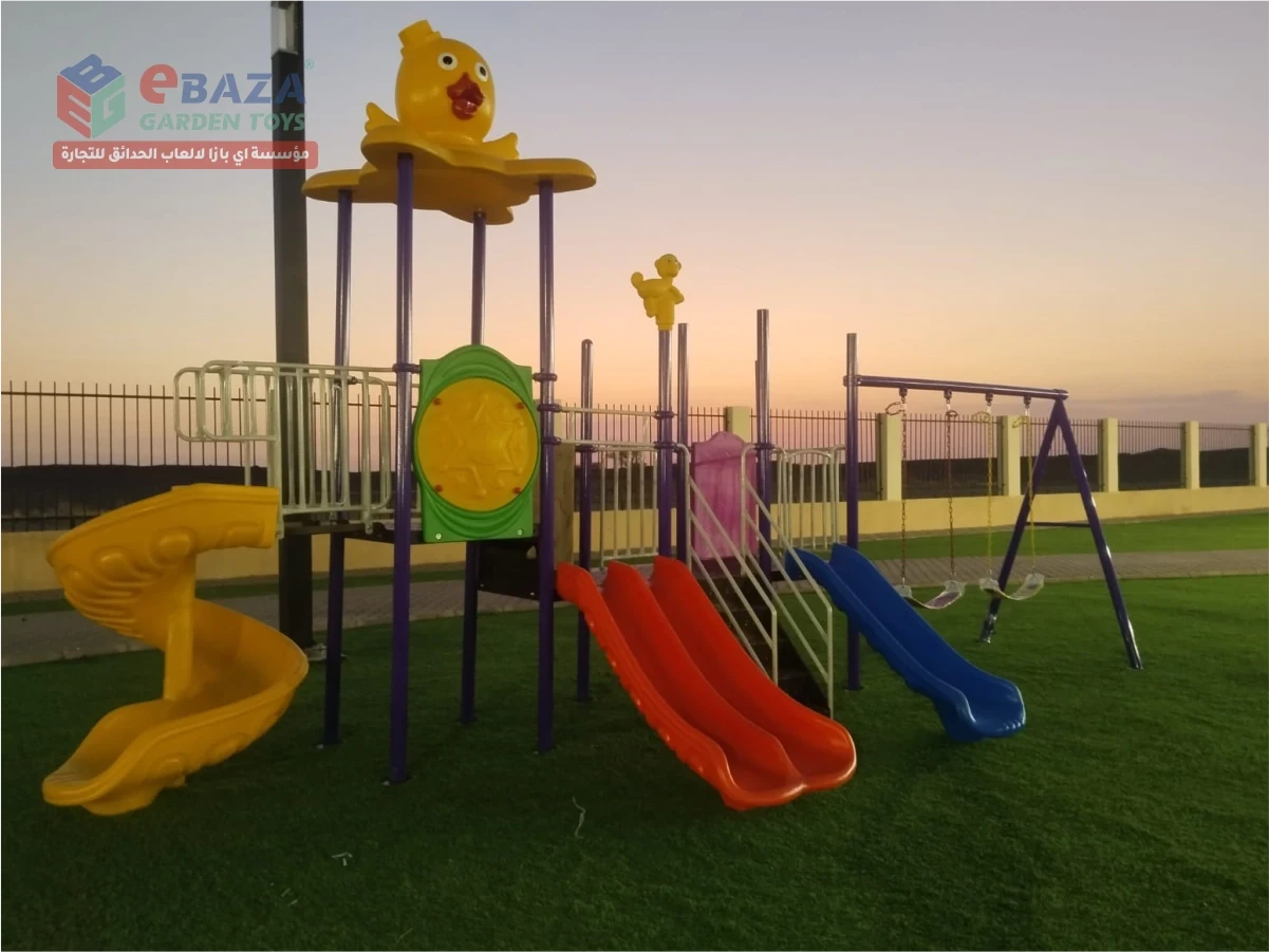 Public park playground installation in Madina with spiral slide, double slide, straight slide and outdoor swing set