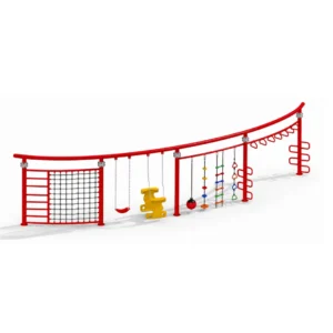 Red outdoor climbing playground with rope net, ladders, hanging rings, suspended steps and overhead climbing bars.