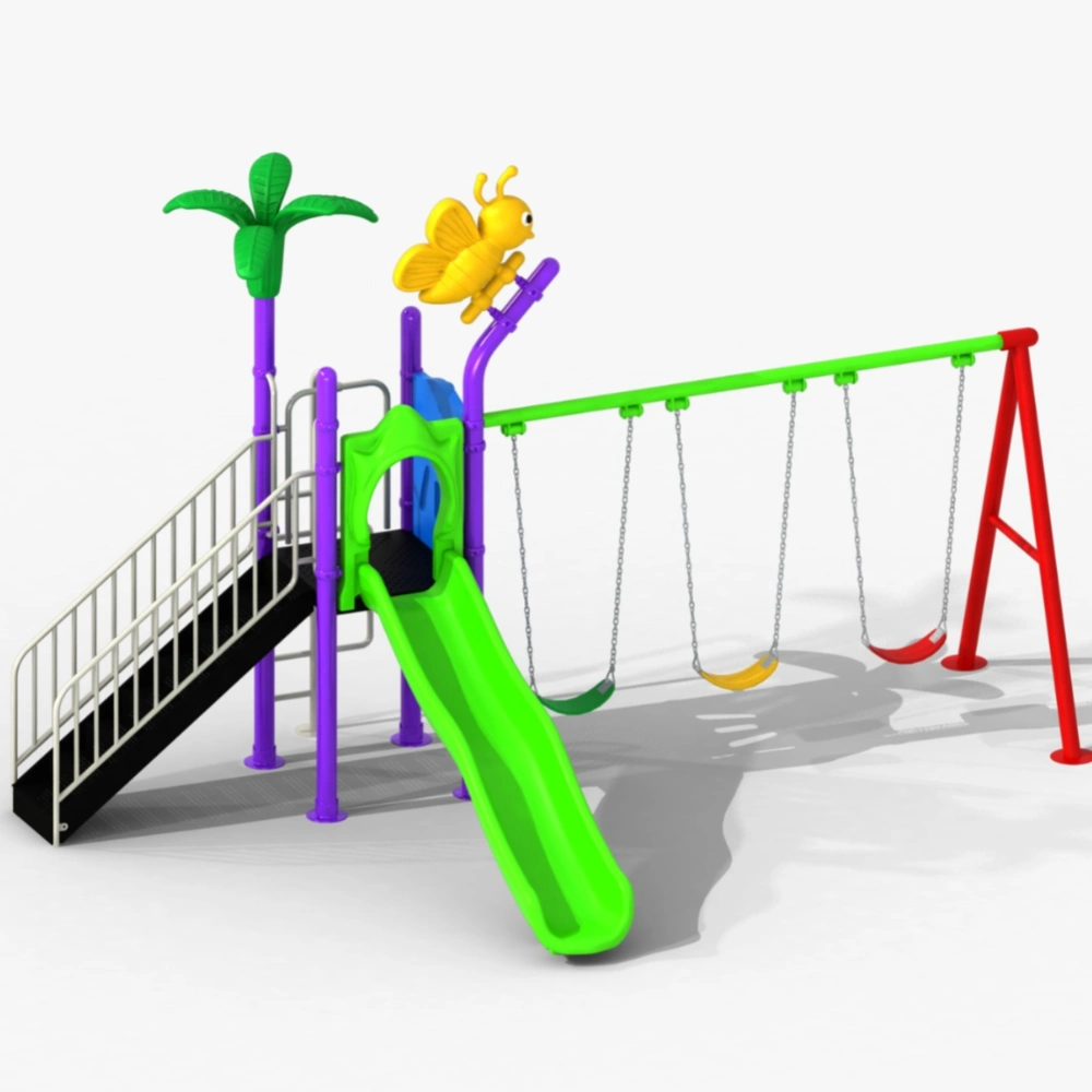 Kids outdoor playground with green slide, access ramp, elevated platform and three-seat swing set.