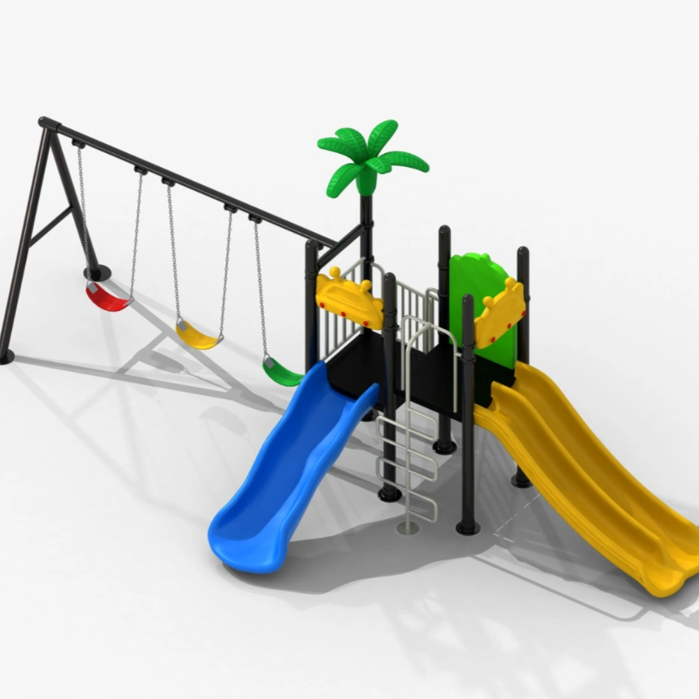 Kids outdoor playground with blue and yellow slides, climbing ladder, elevated platforms and a three-seat swing set.