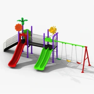 Bridge-style kids playground with two slides, connected platforms, access ramp and three swing seats.