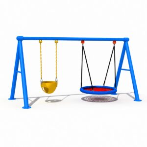 Blue outdoor swing set with toddler bucket swing and round nest swing for children.