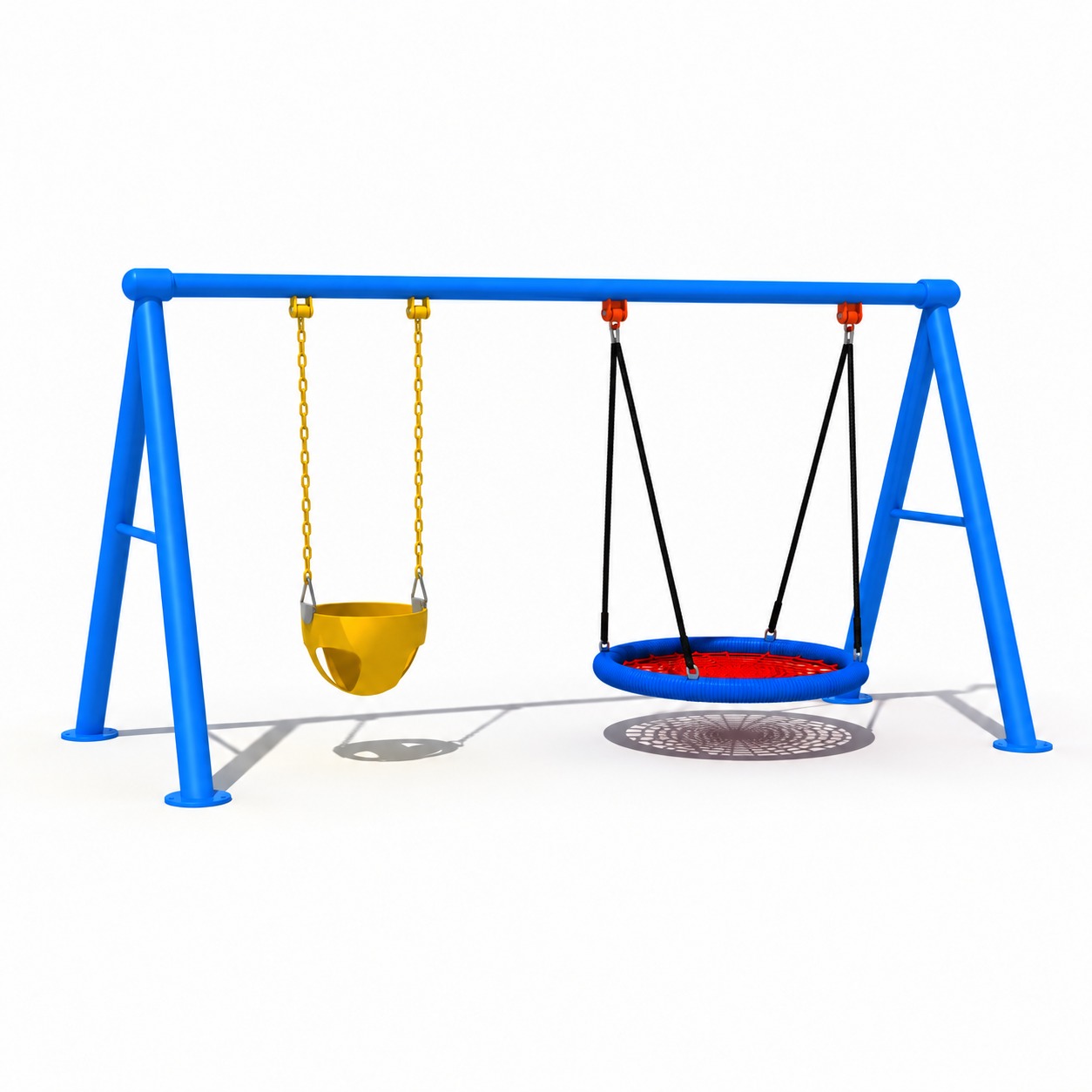 Blue outdoor swing set with toddler bucket swing and round nest swing for children.