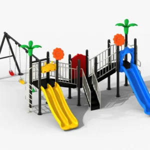 Outdoor kids playground with two slides, elevated platforms, stairs, climbing elements and a three-seat swing set.