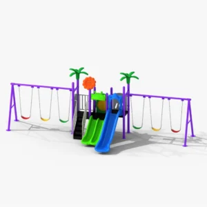 Kids outdoor playground with double slides, elevated platforms, stairs and six swing seats on both sides.