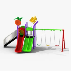 Outdoor kids playground with double slides, access ramp, elevated platforms and a three-seat swing set.