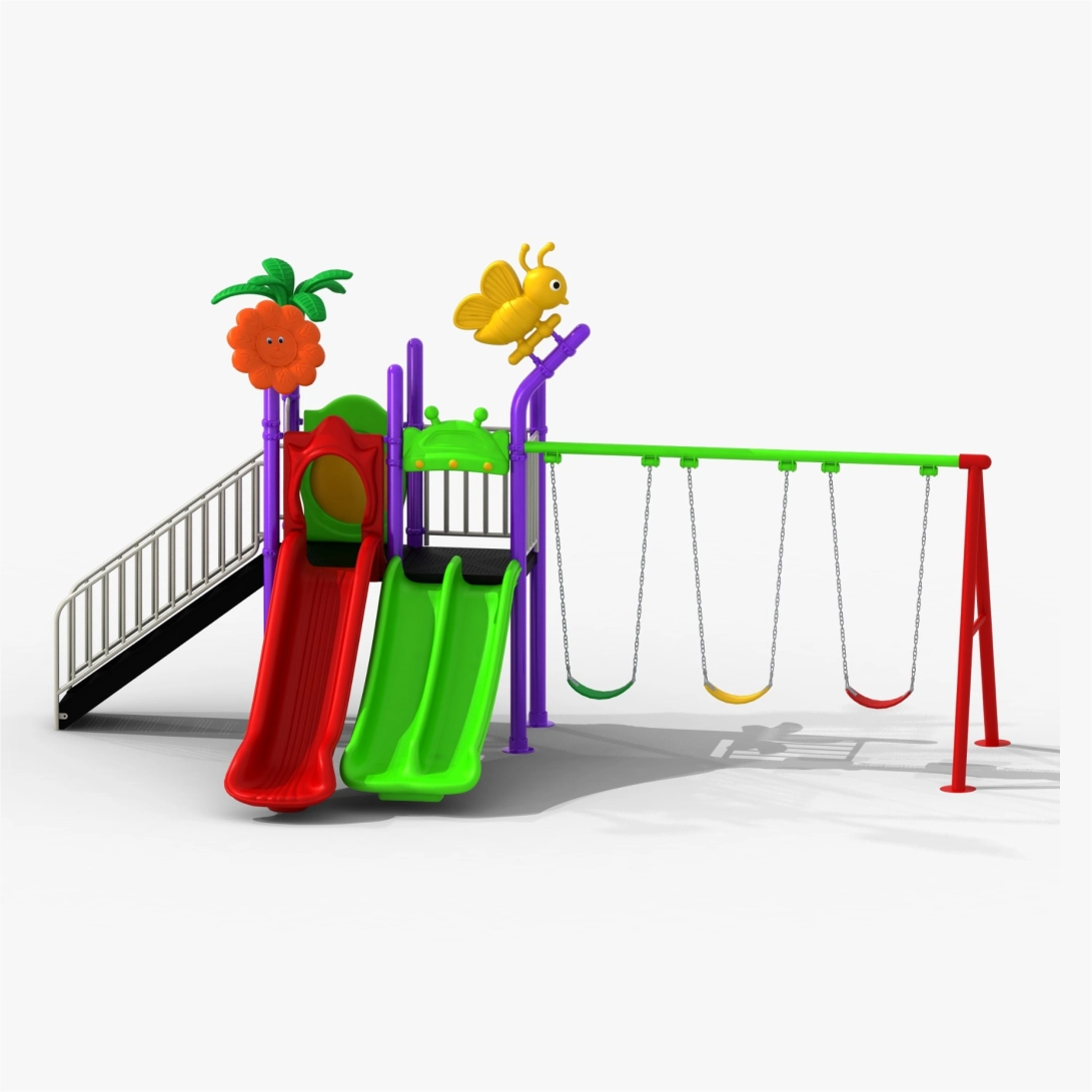 Outdoor kids playground with double slides, access ramp, elevated platforms and a three-seat swing set.