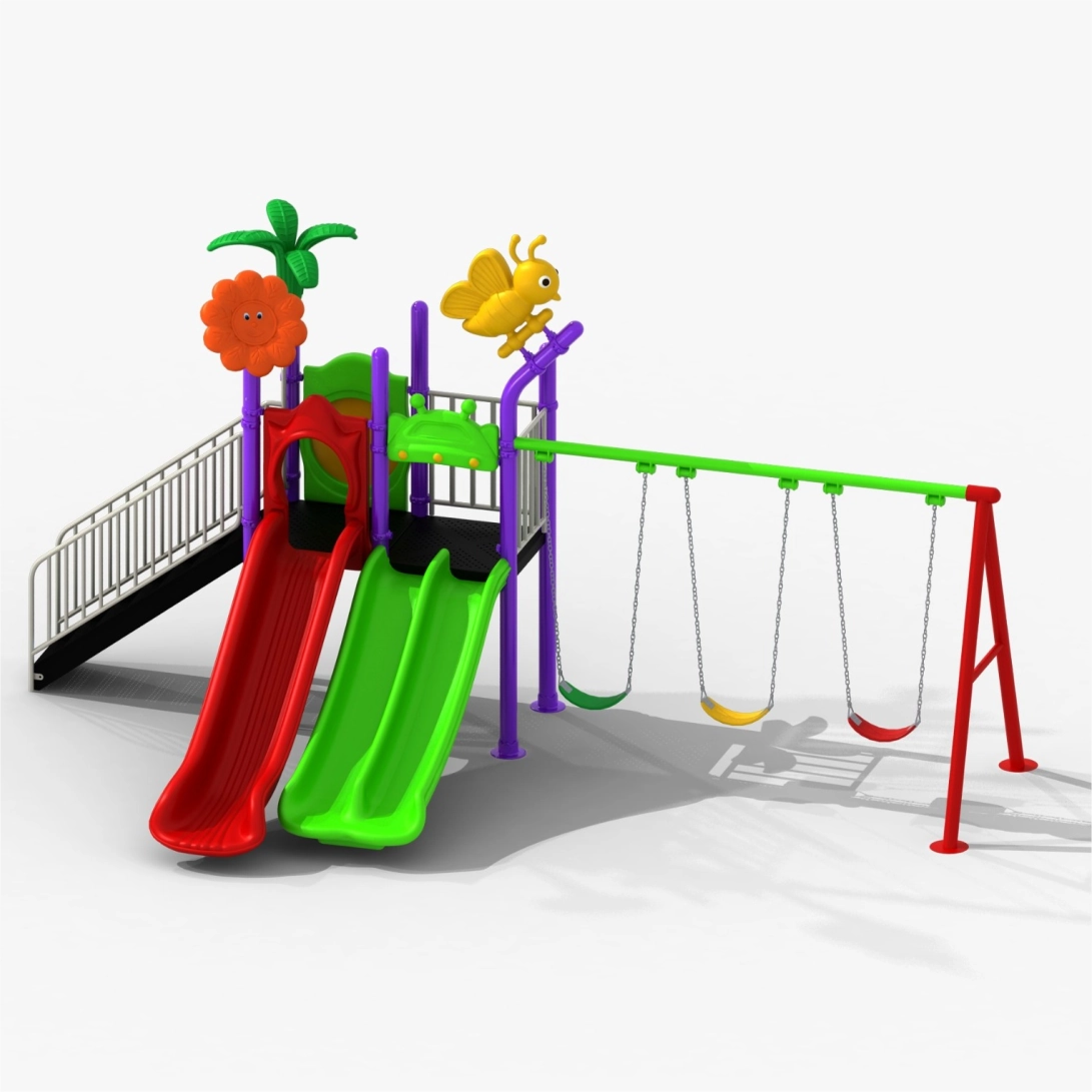 Kids outdoor playground with double slides, access ramp, elevated platforms and a three-seat swing set.