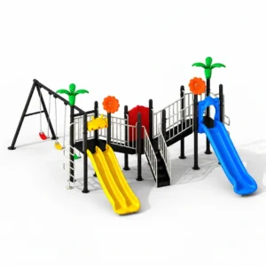Outdoor kids playground with two slides, elevated platforms, stairs, climbing elements and a three-seat swing set.
