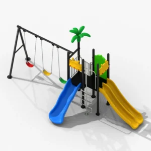 Kids outdoor playground with blue and yellow slides, climbing ladder, elevated platforms and a three-seat swing set.