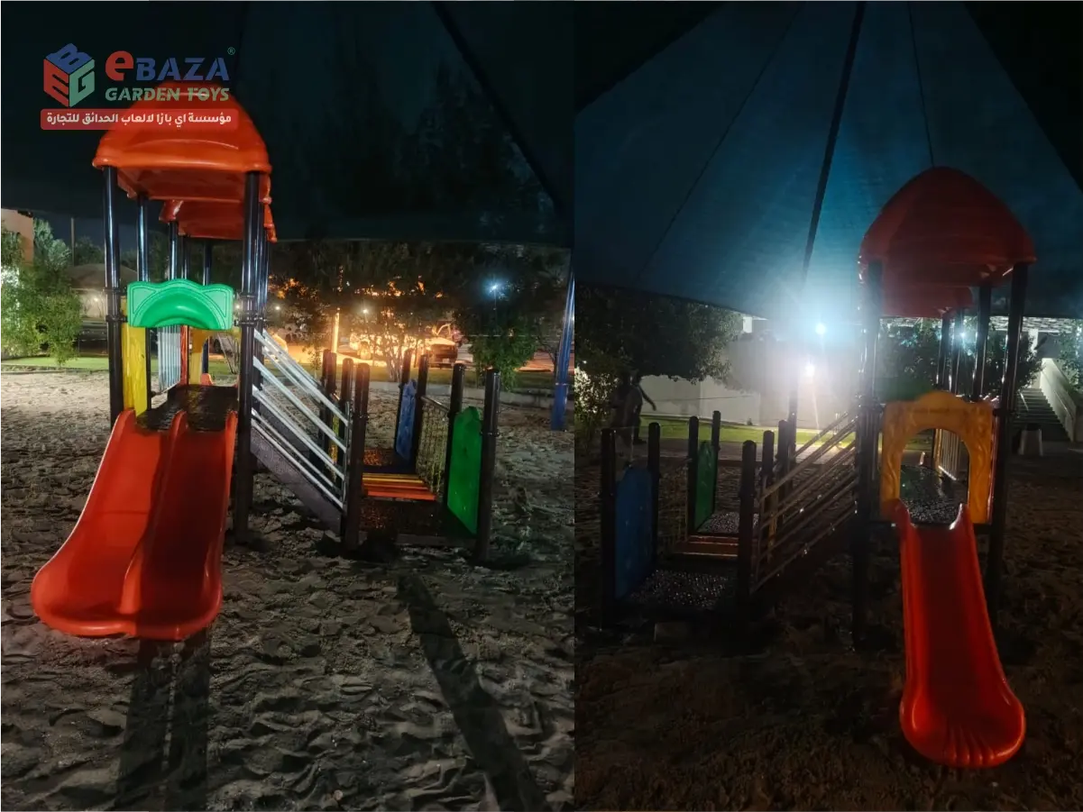 Outdoor playground installation in Ras Tanura at Saudi Aramco Najmah with slides, elevated play towers and shaded play equipment.