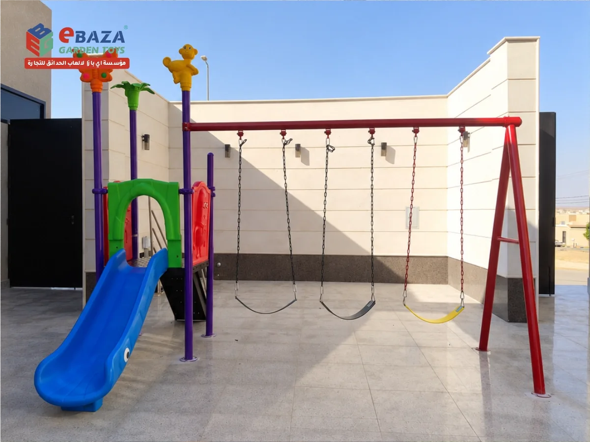 Red A-frame three-seat swing set and colourful play tower with slide in a villa courtyard in Riyadh